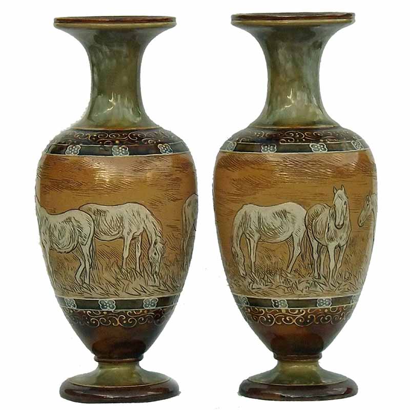 Hannah B Barlow - a superb pair of Doulton Lambeth 23cm (11in) vases - 126