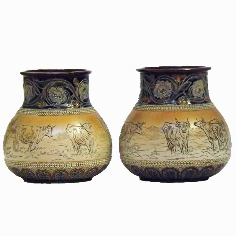 A pair of 6.25in (16cm) Doulton Lambeth vases by Hannah Barlow and Alice Budden - 794